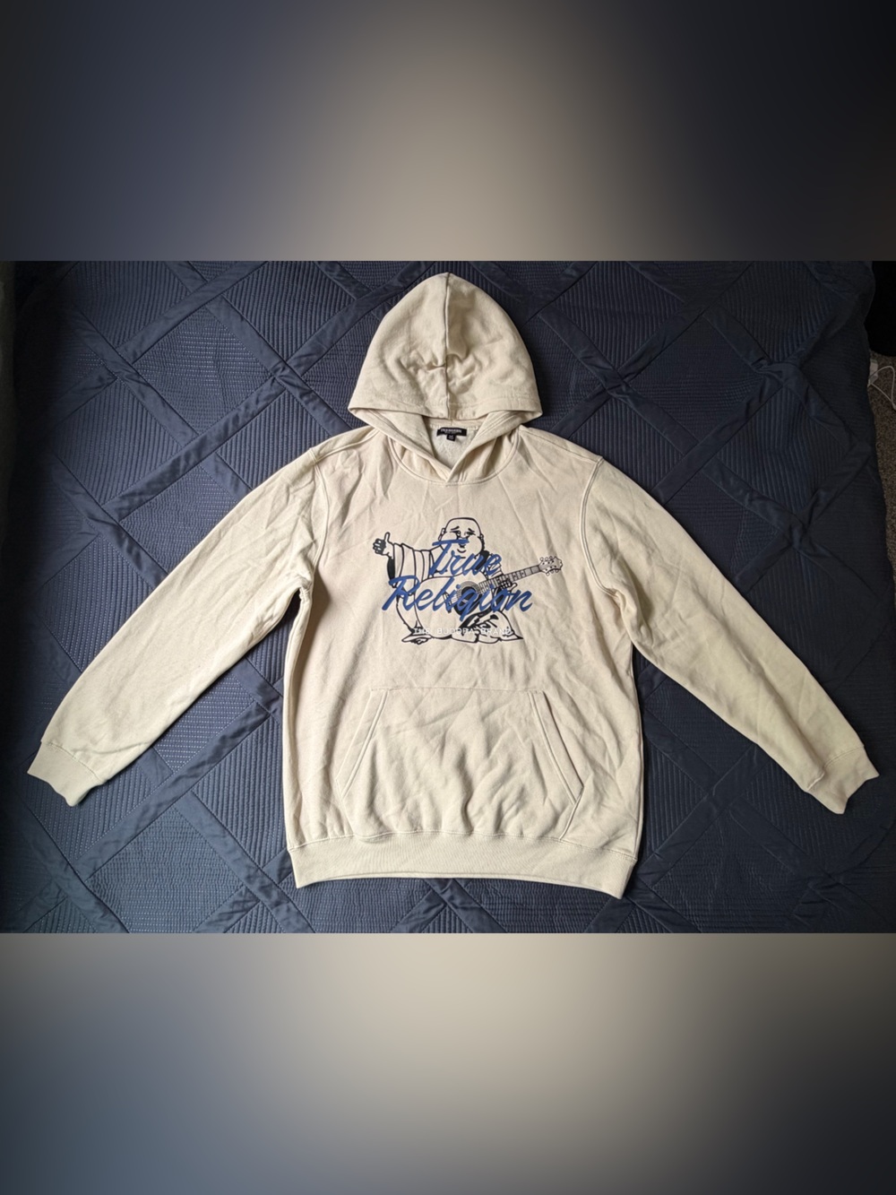 True Religion Buddha Brand Pullover Hoodie Cream Fleece XL Graphic Sweatshirt